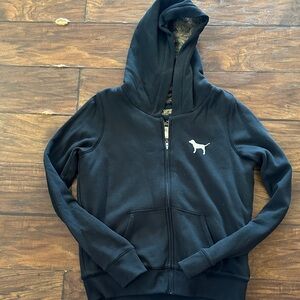 PINK Victoria's Secret Black Zip-Up Hoodie with fur lining